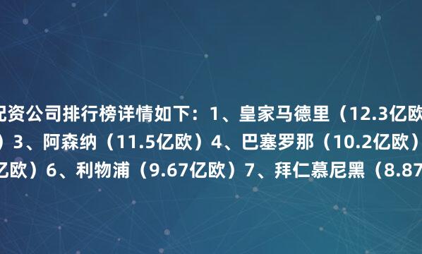 配资公司排行榜详情如下：　　1、皇家马德里（12.3亿欧）　　2、曼城（11.9亿欧）　　3、阿森纳（11.5亿欧）　　4、巴塞罗那（10.2亿欧）　　5、切尔西（10.2亿欧）　　6、利物浦（9.67亿欧）　　7、拜仁慕尼黑（8.87亿欧）　　8、巴黎圣日耳曼（8.505亿欧）　　9、曼联（7.9465亿欧）　　10、托特纳姆热刺（7.803亿欧）　　11、国际米兰（6.75亿欧）　　12、纽卡
